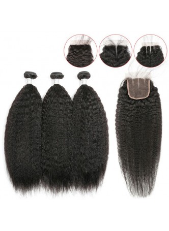 Bundles with closure  8a+ quality virgin remy hair kinky straight